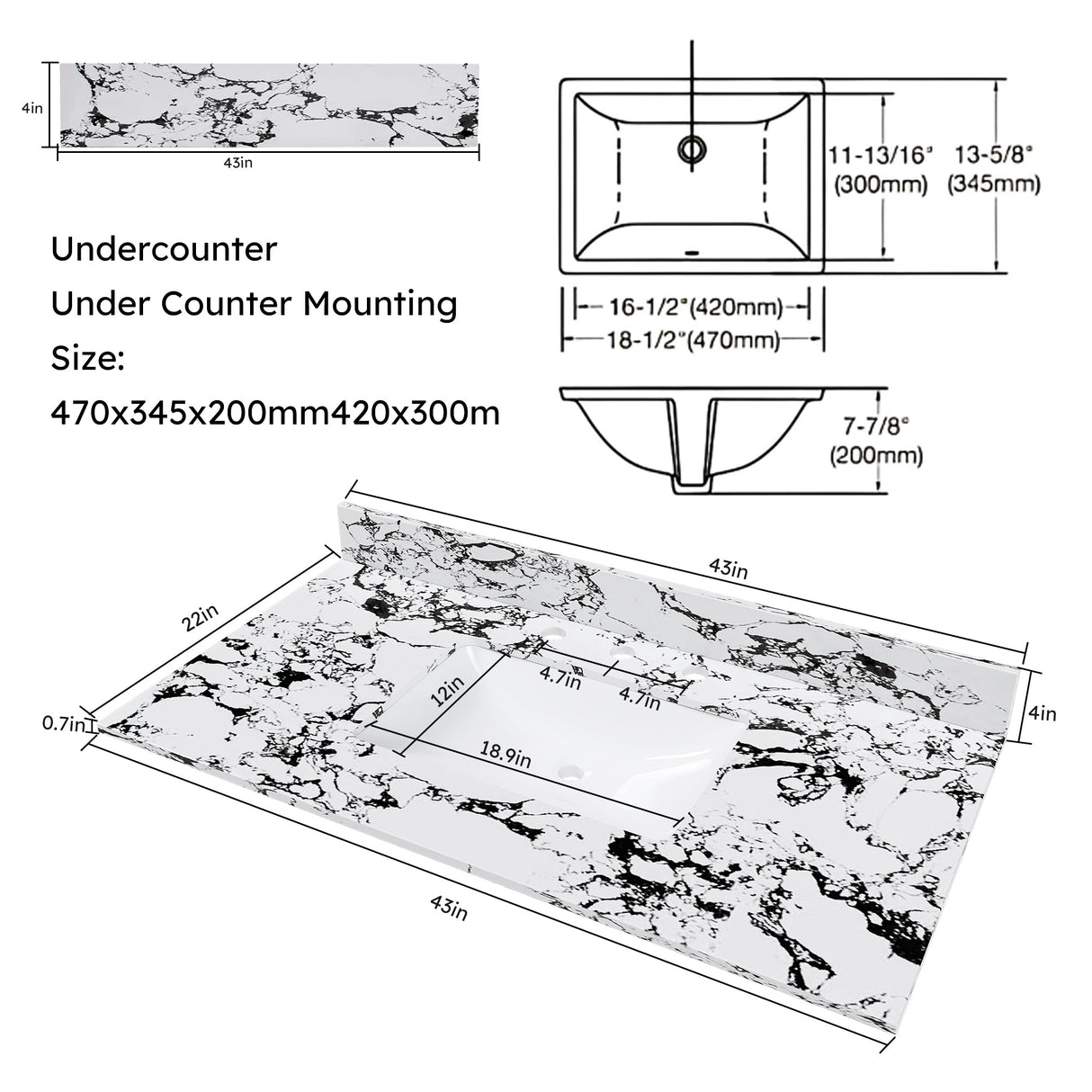 43"x22" Bathroom Vanity Top with Undermount Sink