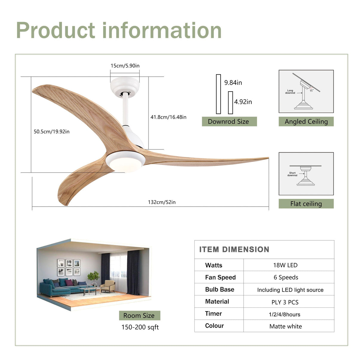 Indoor Outdoor Ceiling Fan With Light With Remote Control, Noiseless Reversible Motor, 6 Speed, 3 Color