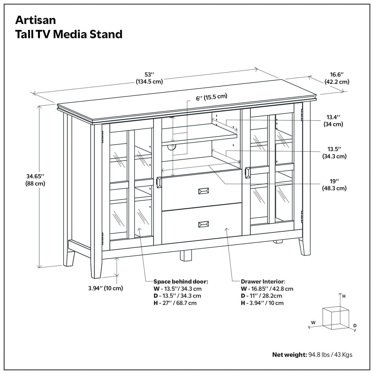 Handcrafted Tall TV Media Stand with Glass Doors and Storage - Multiple Colors