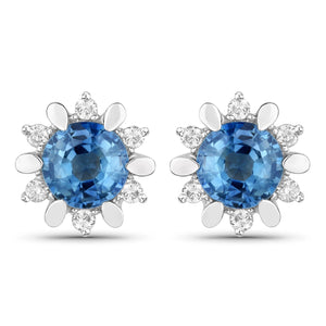 1.87 Carat Genuine Blue Sapphire and White Diamond 14K White Gold Earrings