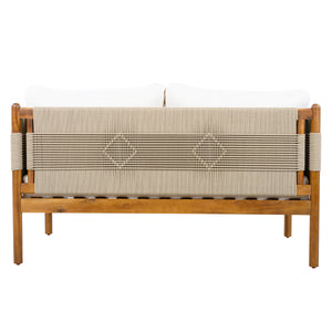 Outdoor Acacia Wood Loveseat with Diamond Rope Weave & Cushions, Teak Finish