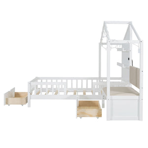 House Bed With Upholstered Sofa, Wireless Charging Station, Shelves And 2 Drawers