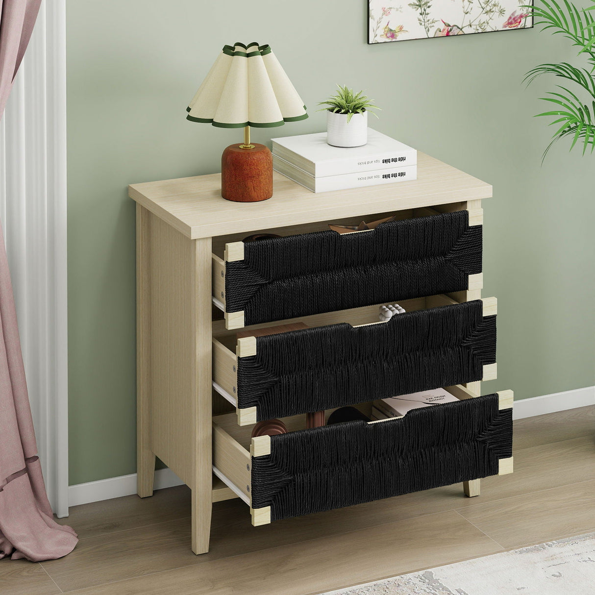3 Drawer Buffet Sideboard With Adjustable Shelves, Storage Cabinet With Natural Seaweed Decor Doors For Living Room Kitchen Entryway - Natural
