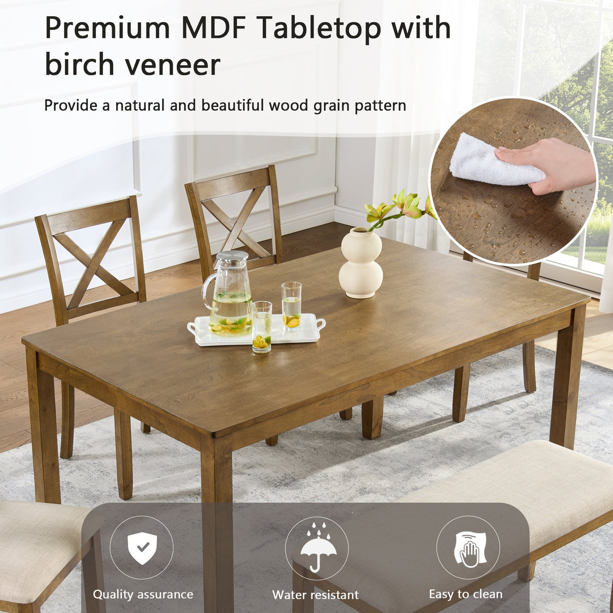 Oak Finish 6-Piece Dining Table Set