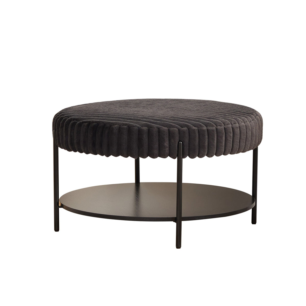 Modern Upholstered Round Ottoman Coffee Table With Storage Shelf
