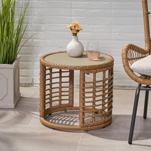 Outdoor Side Table with Tempered Glass Top and Rattan Wicker Cover - Light Brown
