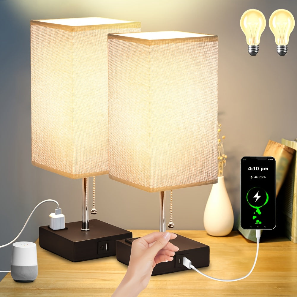 Touch Table Lamp with USB & Outlet – Modern Fabric Shade Bedside Light for Bedroom