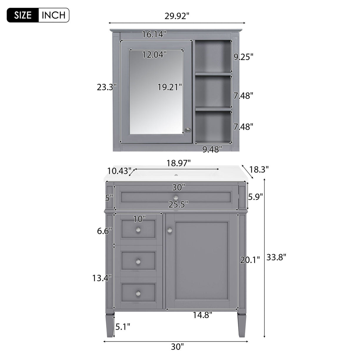 Bathroom Vanity With Medicine Cabinet, Royal Mirror Cabinet, Modern Bathroom Storage Cabinet With 2 Soft Closing Doors And 4 Drawers