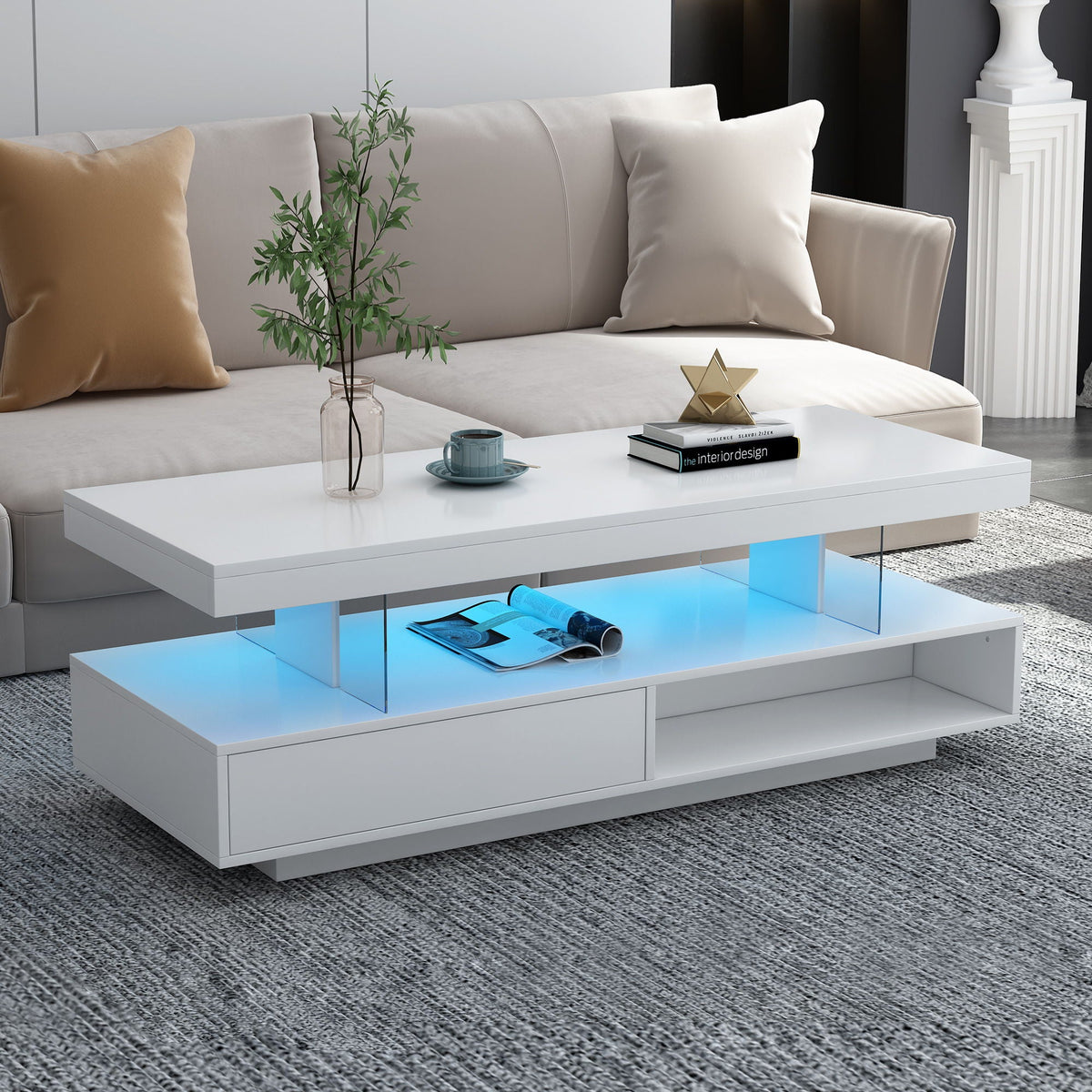 LED Coffee Table with 2 Drawers and Display Shelves - Black or White