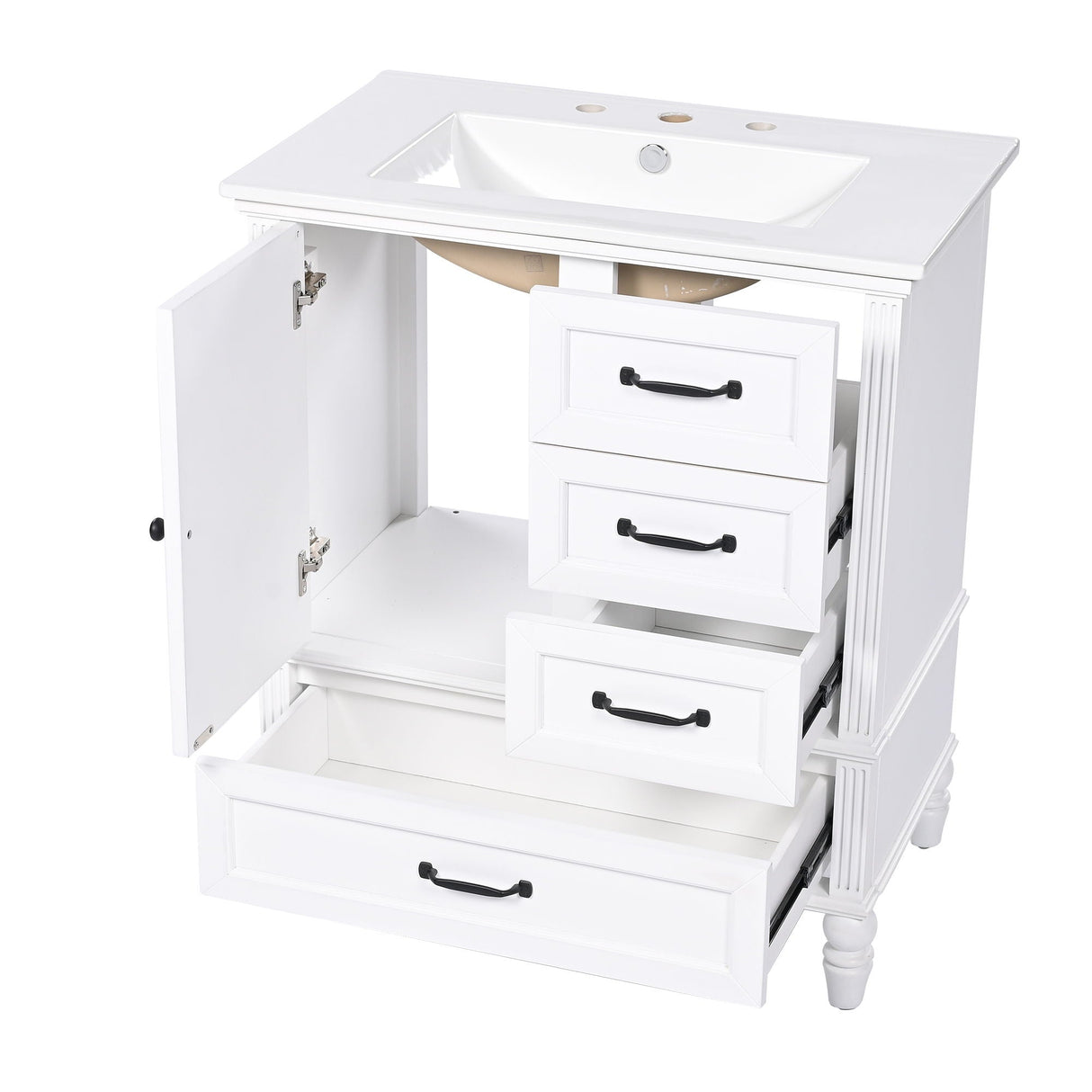 30" Bathroom Vanity With Sink, 3 Drawers, Adjustable Feet