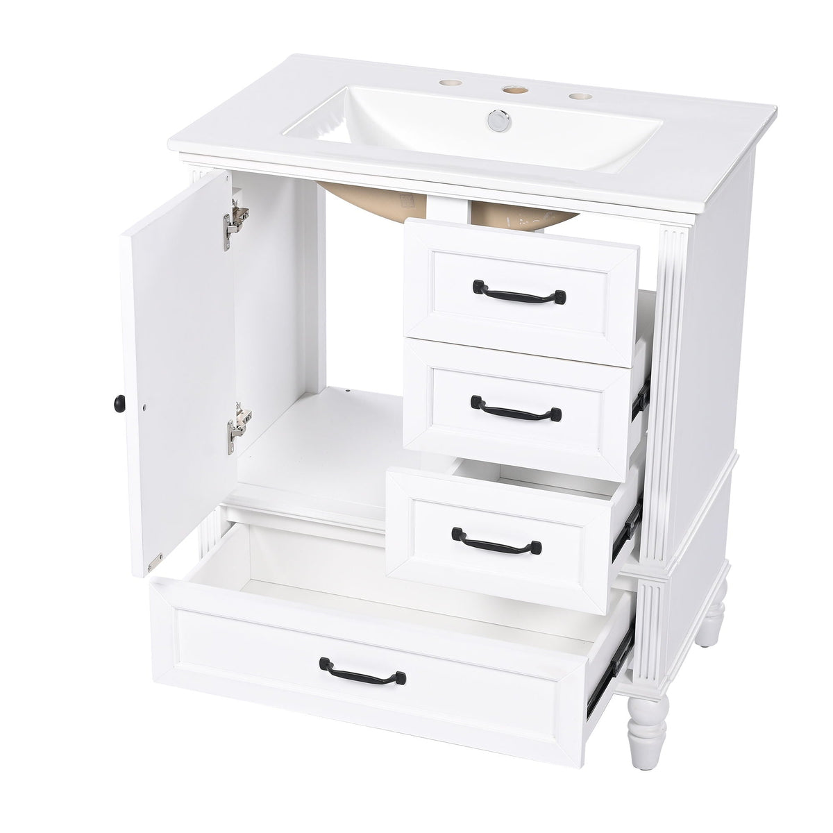 30" Bathroom Vanity With Sink, 3 Drawers, Adjustable Feet