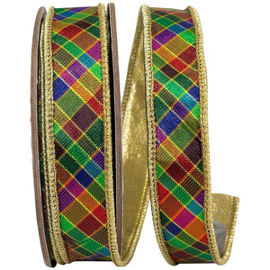 1" Plaid Metallic Jewel Tone Ribbon: Multi (5 Yards)