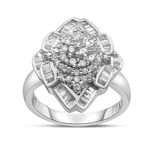 14K White Gold 7/8 Cttw Round and Baguette-Cut Diamond Cluster Ring (H-I Color, SI2-I1 Clarity)