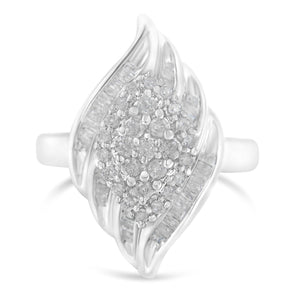 .925 Sterling Silver ¾ Cttw Round and Baguette Cut Diamond Stair-Stepped Cluster Waterfall Cocktail Ring (I-J Color, I2-I3 Clarity)