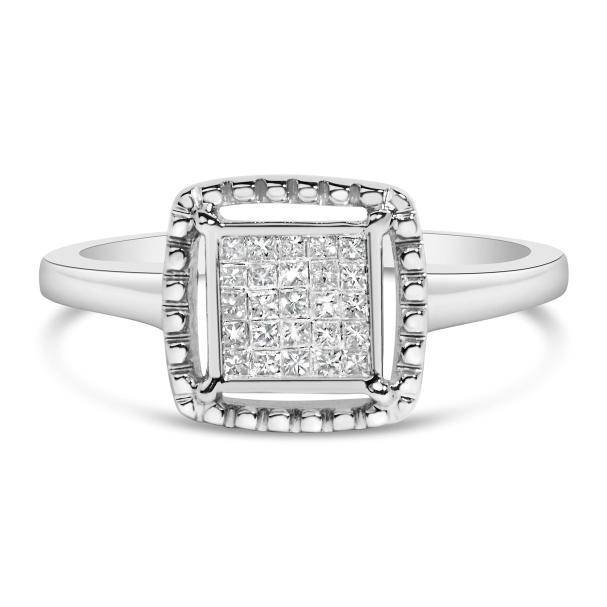 .925 Sterling Silver 1/5 Cttw Invisible Set Princess Cut Diamond Promise Ring with Beaded Halo (H-I Color, I1-I2 Clarity) - Ring Size 7