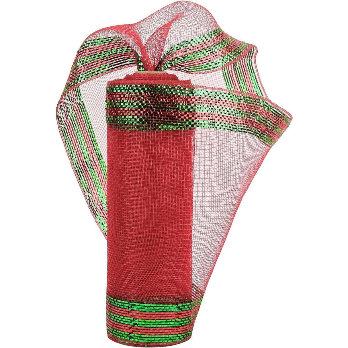 10" Border Stripe Metallic Mesh Ribbon: Red/Lime Green (10 Yards)