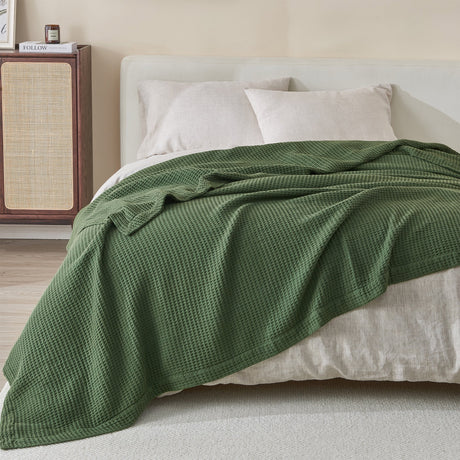 100%-cotton-all-season-lightweight-waffle-weave-knit-throw-blanket,-forest-green-Throw-Blankets