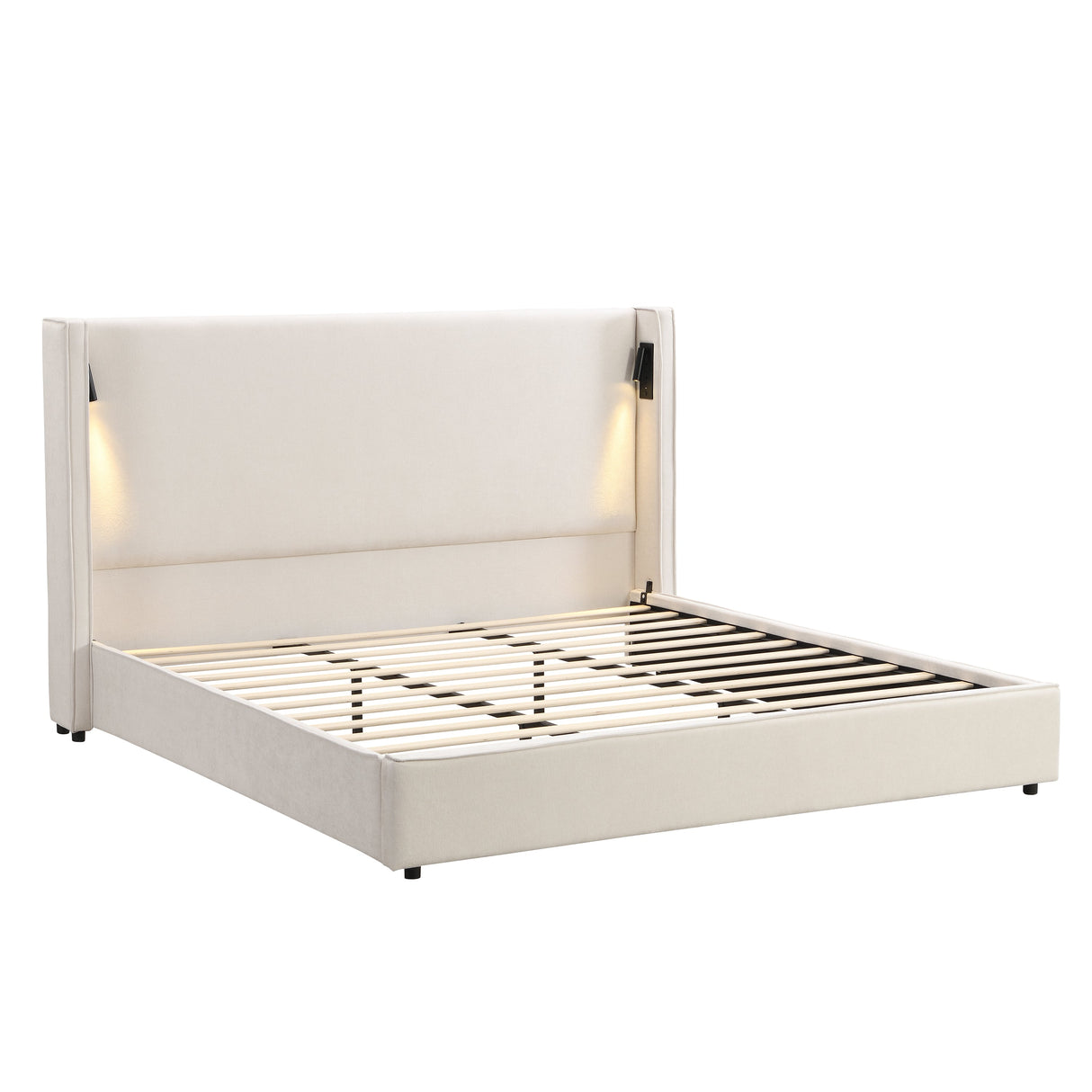 California King Size Upholstered Bed Frame with High Wingback Headboard, Reading Lamp and USB Port
