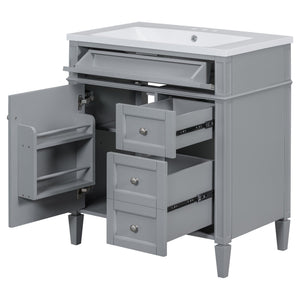 Bathroom Vanity With Top Sink, 2 Doors And 3 Drawers, Freestanding Set With Mirror Cabinet