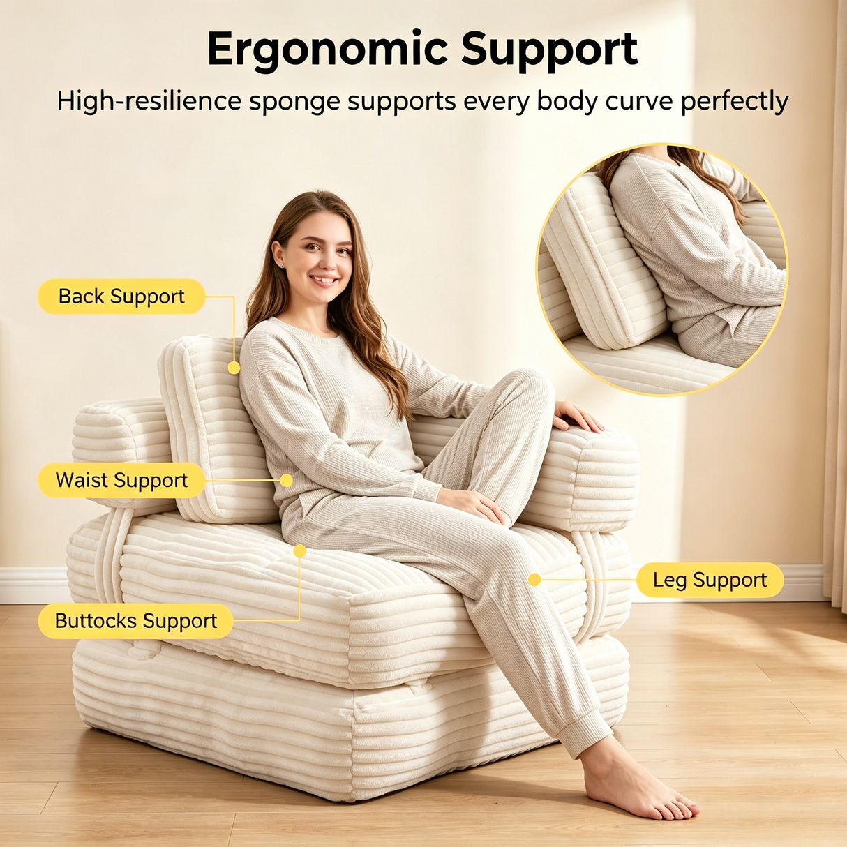 Boneless Foldable Floor Sofa Bed with Armrest & Pillows