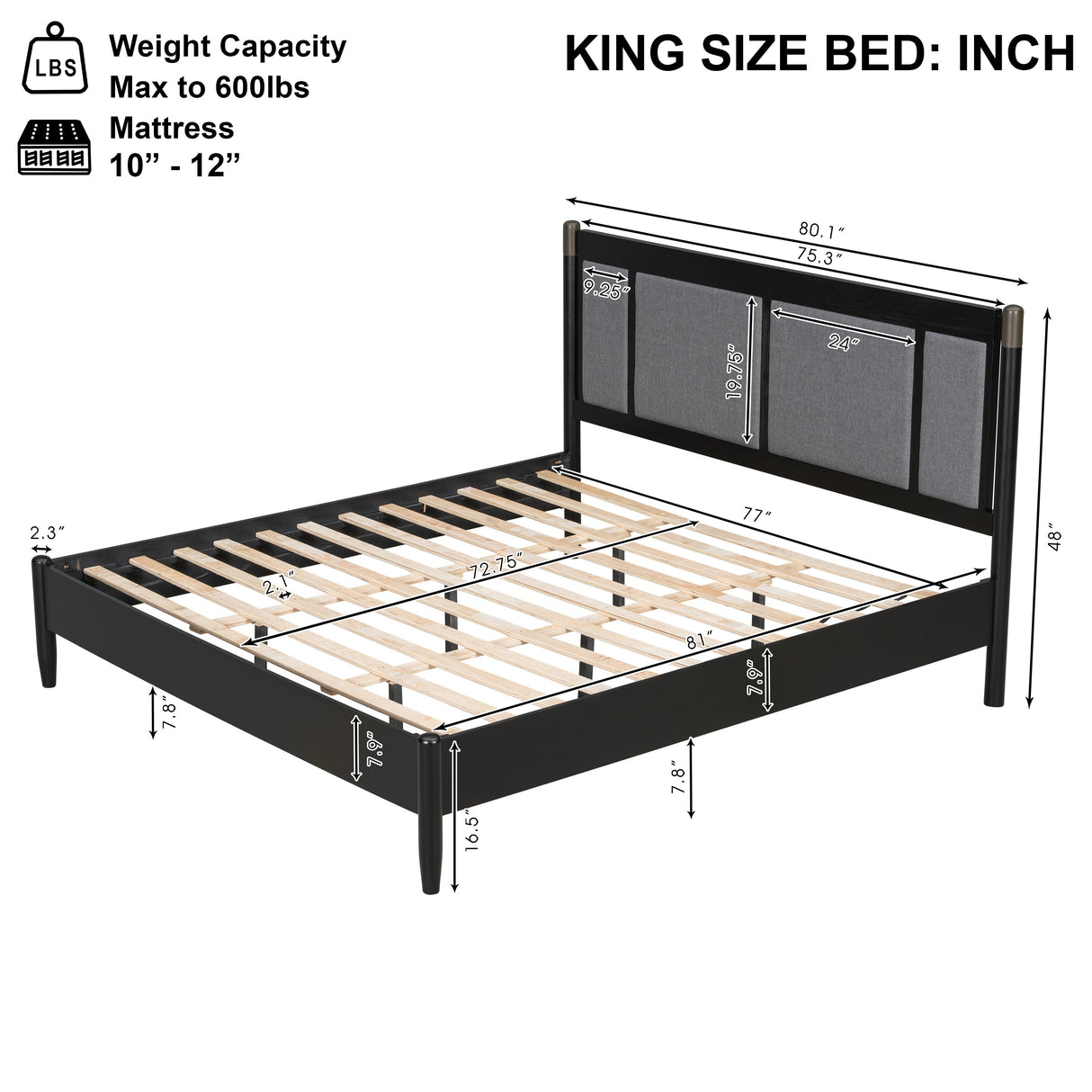Solid Wood King Bed, Heavy Duty Support Without a Box Spring