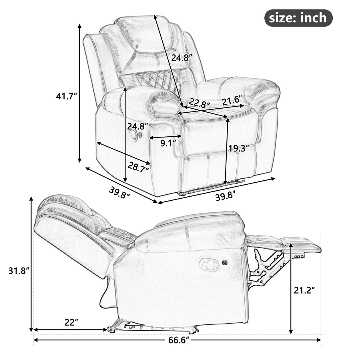 3 Pieces Recliner Sofa Sets Home Theater Seating Manual Recliner Chair & Center Console And LED Light Strip For Living Room - Brown