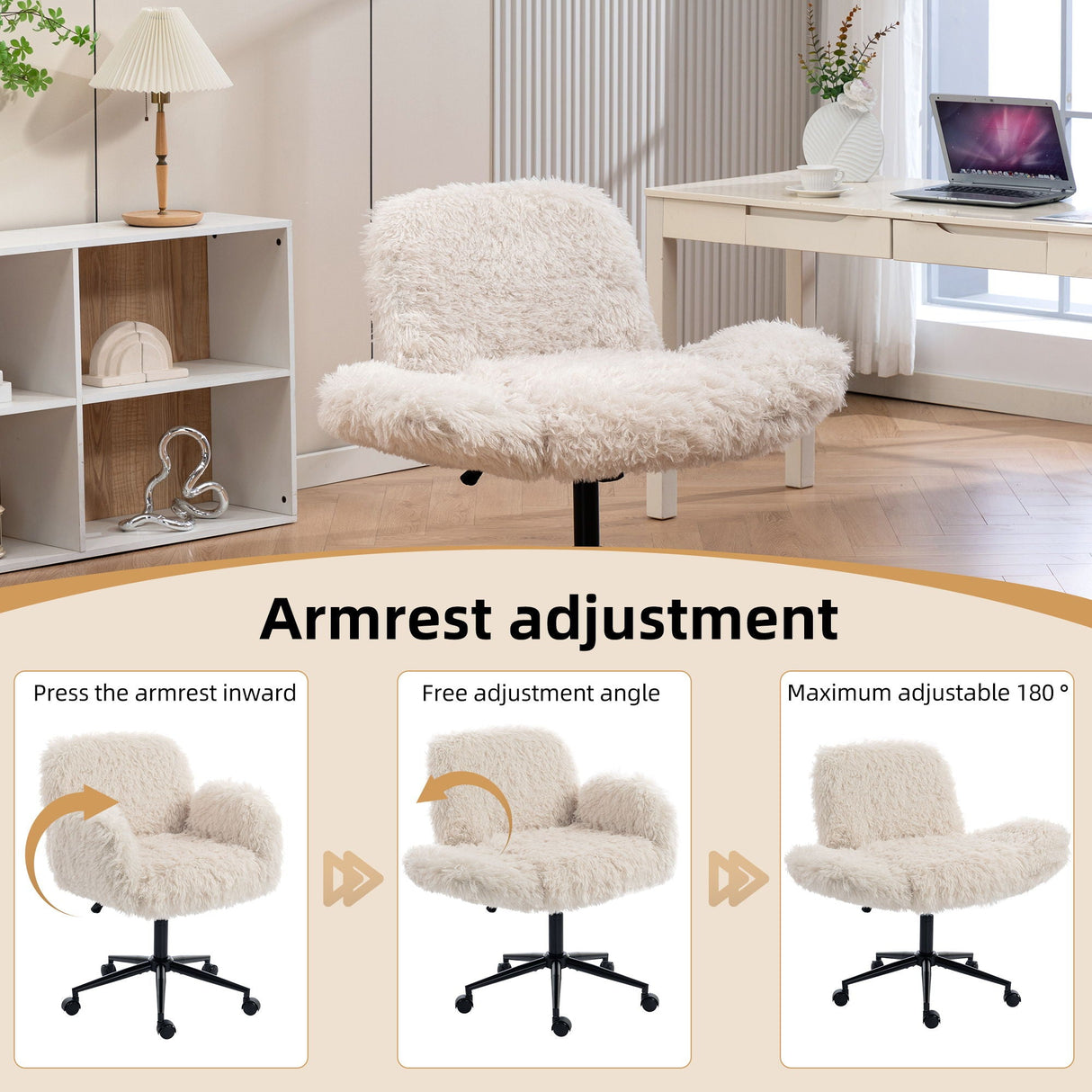 Swivel Chair With Adjustable Armrests And Wheels For Home Office - Beige