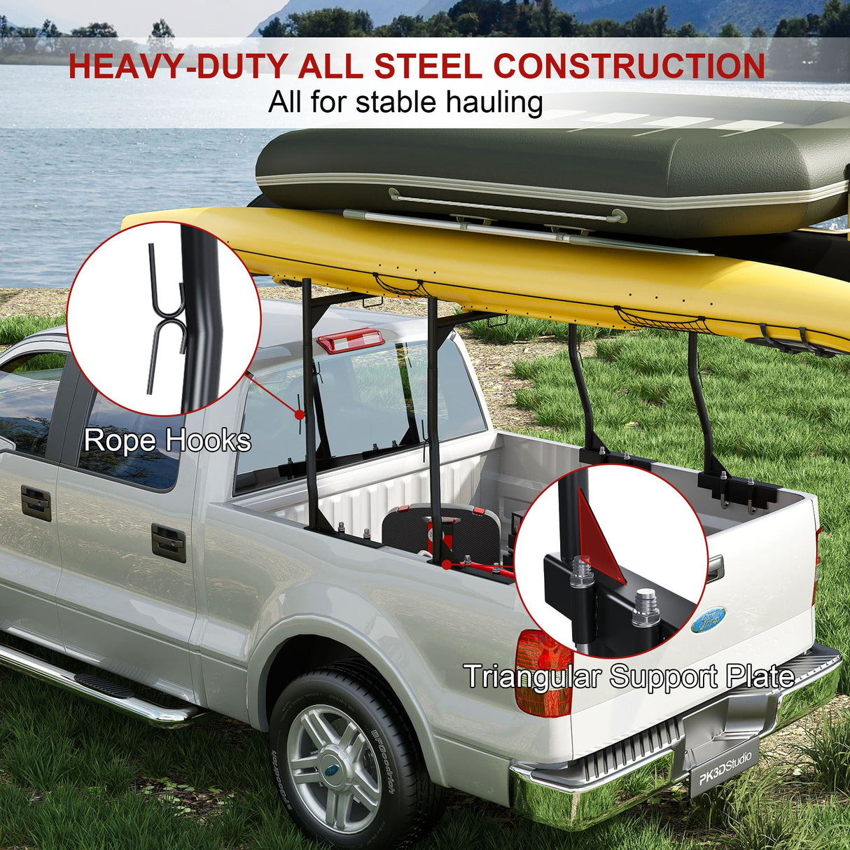 Heavy Duty Universal Truck Bed Ladder Rack, No-Drill Installation, Adjustable - Black