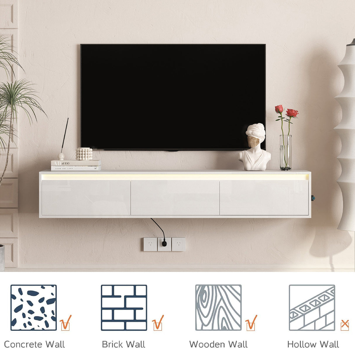 High-Gloss Suspended TV Cabinet with LED Lights
