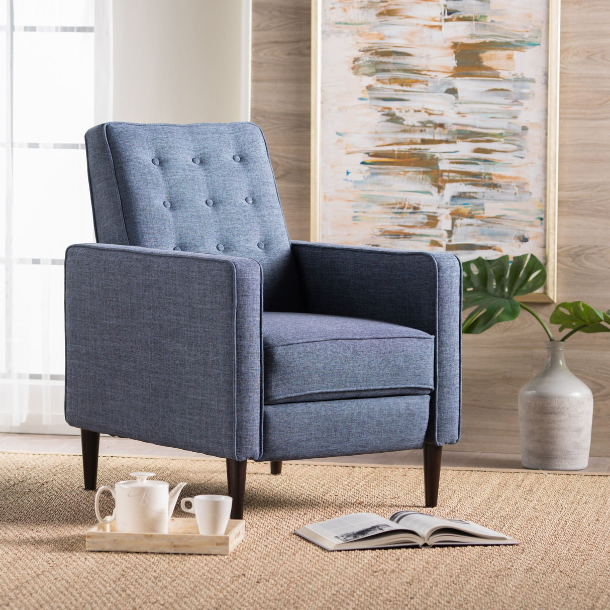 Mid-Century Modern Recliner With Button Tufted Waffle Stitch