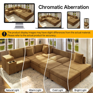 110.2" L-Shaped Sectional Sofa Set with Removable Ottoman in Camel