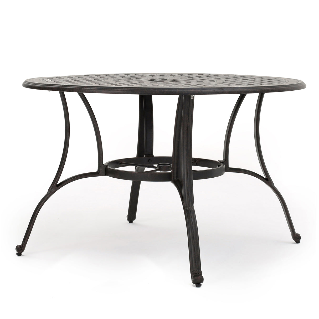 Outdoor cast aluminum circular dining table, bronze