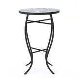 Outdoor Round Side Table with Mosaic Style Top and Curved Iron Legs - Blue / Matte Black