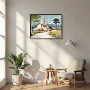 Framed Canvas Wall Art Beautiful Field Painting Wildflower Barn Print Nature Scenery Picture For Home - Blue / Pink