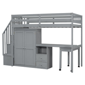 Loft Bed With Stairs, Bookshelf, Drawers, Desk & Wardrobe, Space Saving Multifunctional Furniture