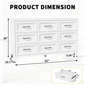 9 Drawer Dresser for Bedroom, Metal Profile Chest of Drawers, White Bedroom Dresser with Storage Drawers for Closet, Hallway, Entryway, Steel Furniture with Quiet-Glide Rails, Easy-Clean & Scratch