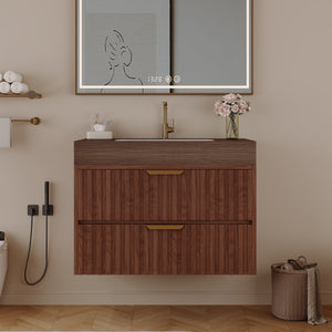 30" Modern Floating Bathroom Vanity with Seamless Sintered Stone Top & Ceramic Basin – 2 Soft-Close Drawers, Wall-Mounted