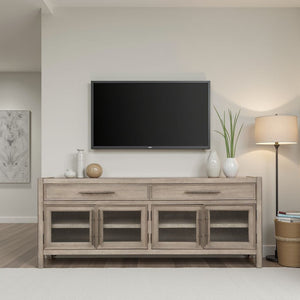 White Oak TV Console with Seeded Glass Doors
