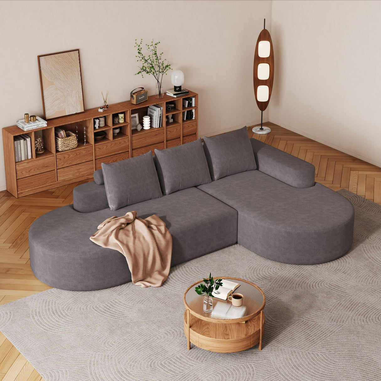 Modern Curved Sofa, L-Shaped Modular Sectional Set With 3 Pillows