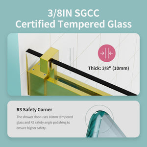 Frameless Single Sliding Soft Close Shower Doors, 3 / 8" Tempered Glass Reversible Installatio