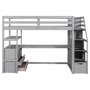 Loft Bed With Desk, Shelves, 2 Drawers, Storage Staircase