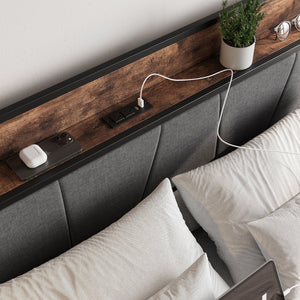 Upholstered Platform Bed with Storage and Charging Station in Vintage Brown and Gray