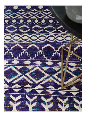Hand Knotted Blue and White Modern Contemporary Southwestern Tribal Trellis Recycled Silk Area Rug | OP6