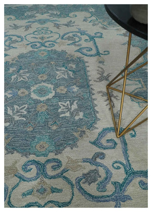 French Design Aubusson 8x10 Ivory and Blue Hand Tufted Wool Area Rug