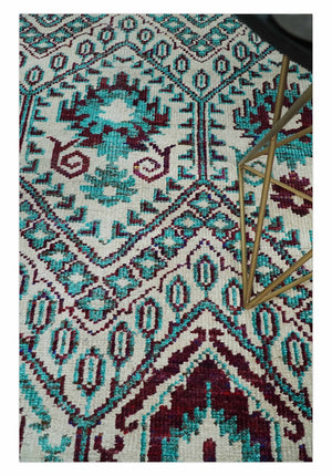 5x8 Hand Knotted Ivory, Blue and Red Antique Contemporary Bamboo Silk Area Rug