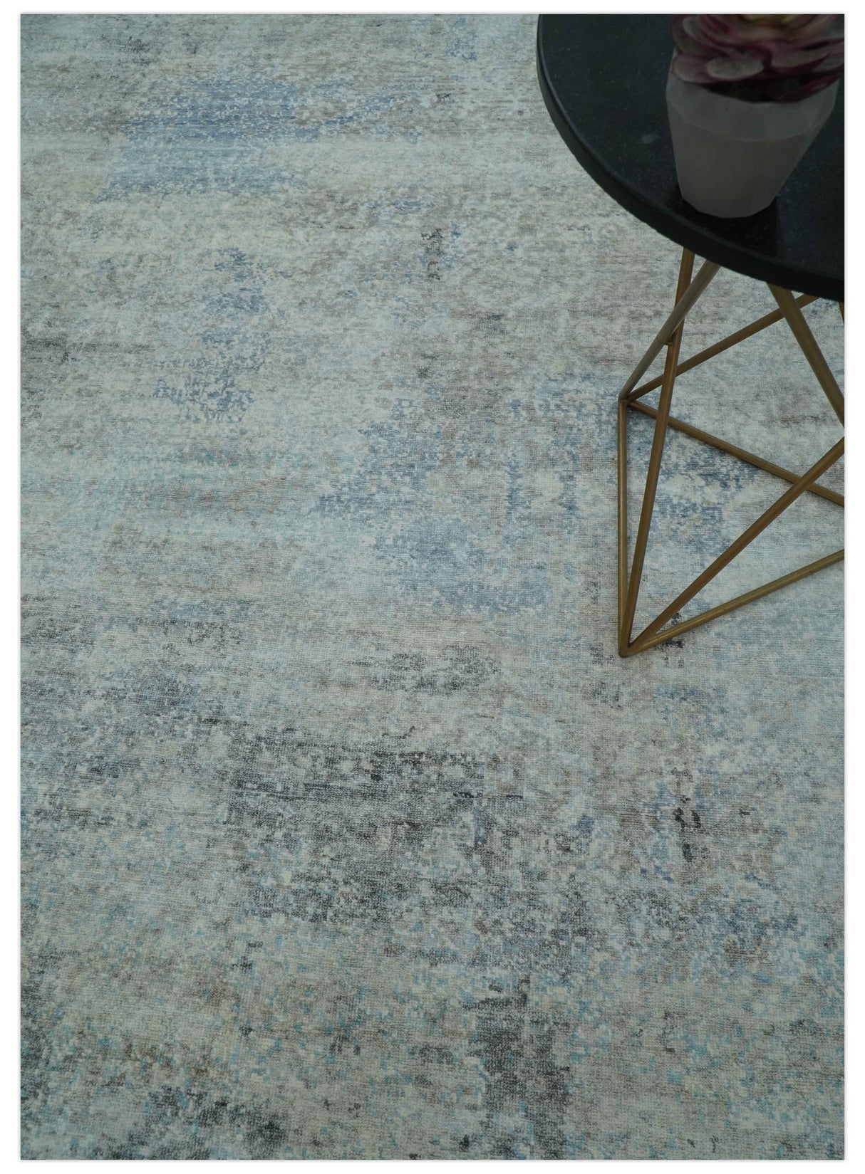 Abstract Blue And Gray  8x10 Hand Knotted Bamboo Silk Area Rug