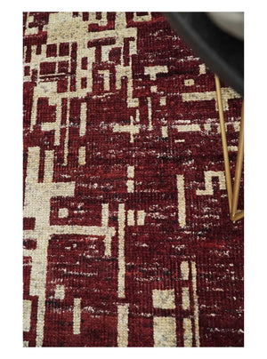 4x6 Hand Knotted Beige and Maroon Modern Abstract  Recycled Silk Area Rug