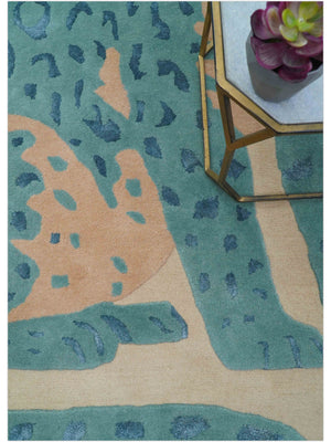 Custom Made Modern Animal Pattern Teal And Beige Hand Tufted Wool Area Rug