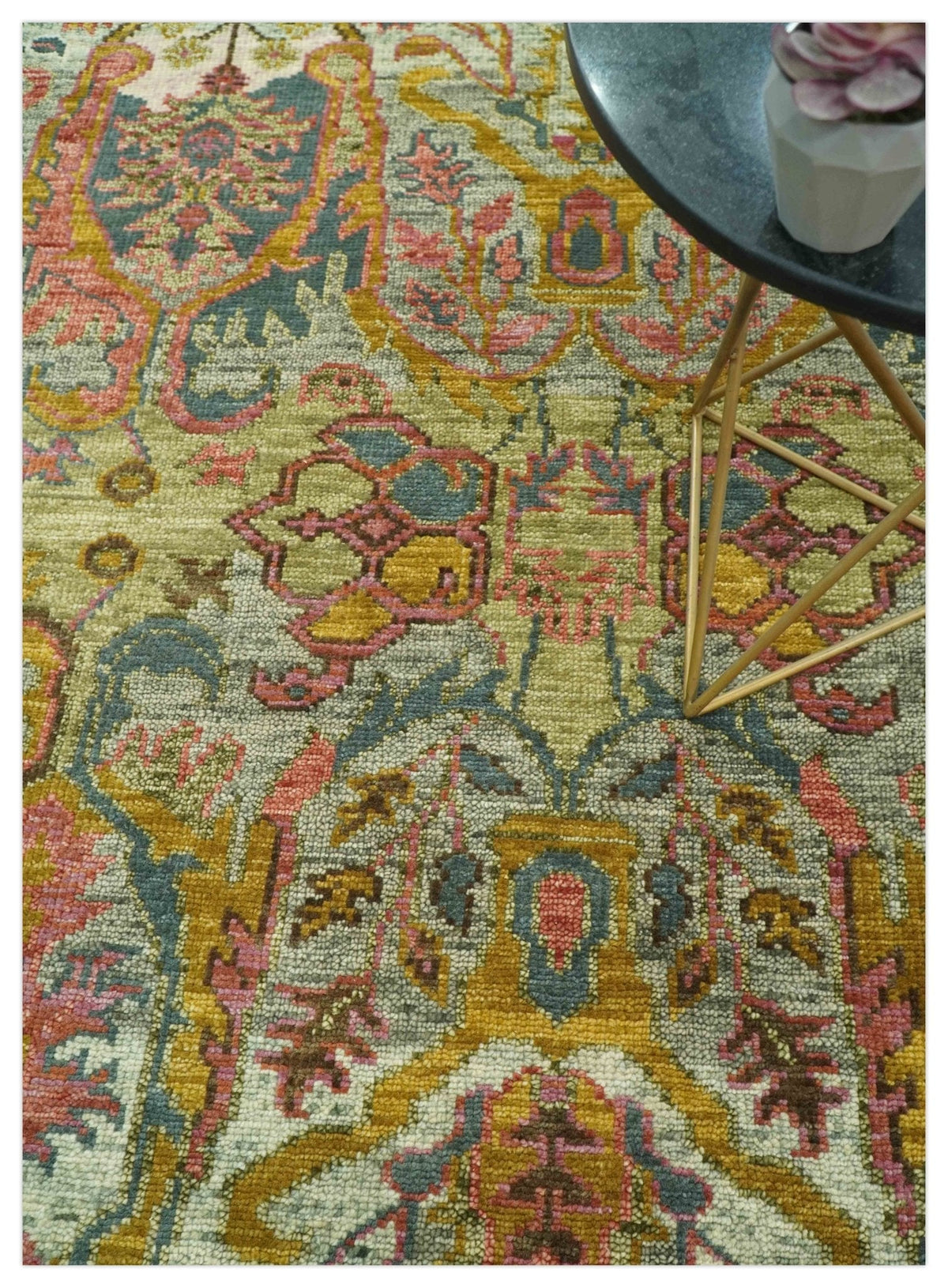 Ready to Ship Transitional Green, Silver and Gold Hand Knotted Wool rug