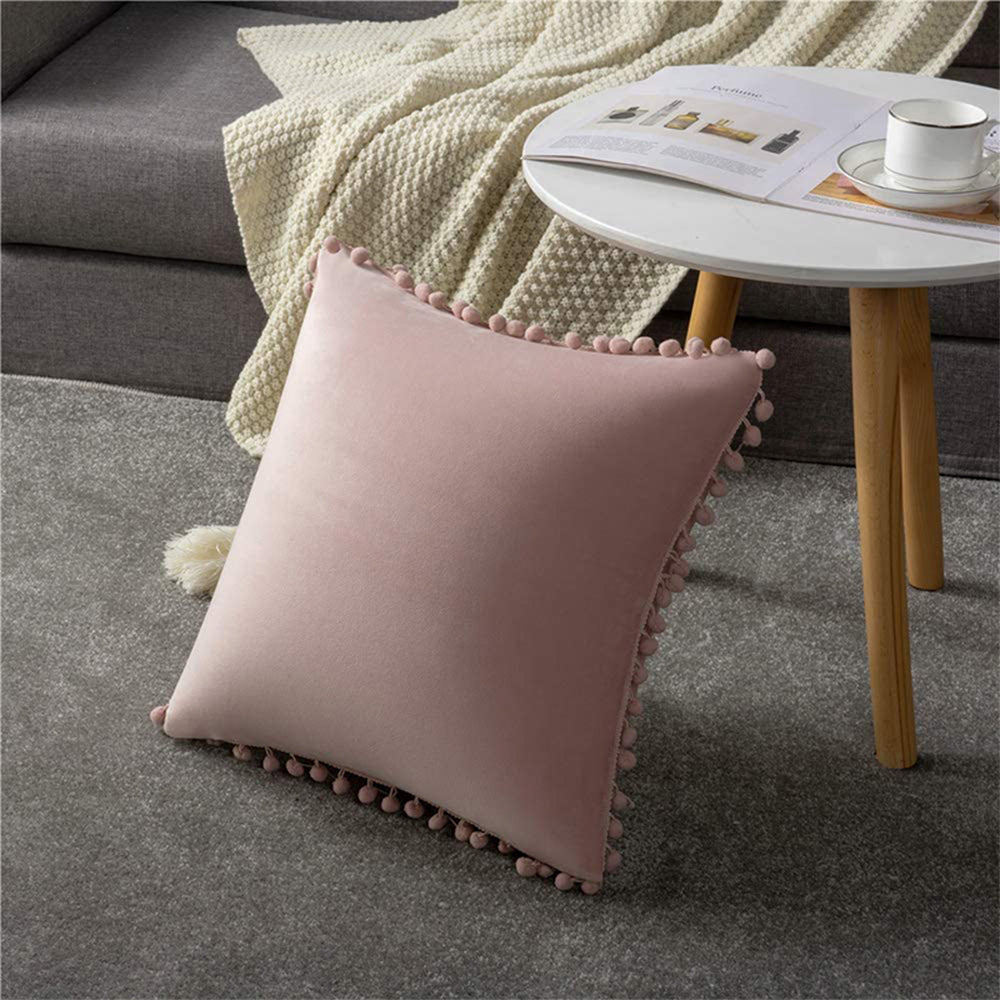 20''x20'' Velvet Pom-Pom Throw Pillow | 7 Colors – Soft & Playful Ball Trim Design | Fun Couch & Bedroom Accent | Insert Included